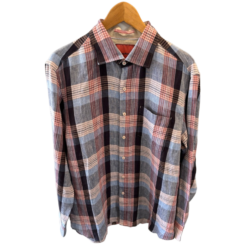 Tommy Bahama Linen Plaid Long-Sleeve Pocket Button Down Shirt Large Lightweight